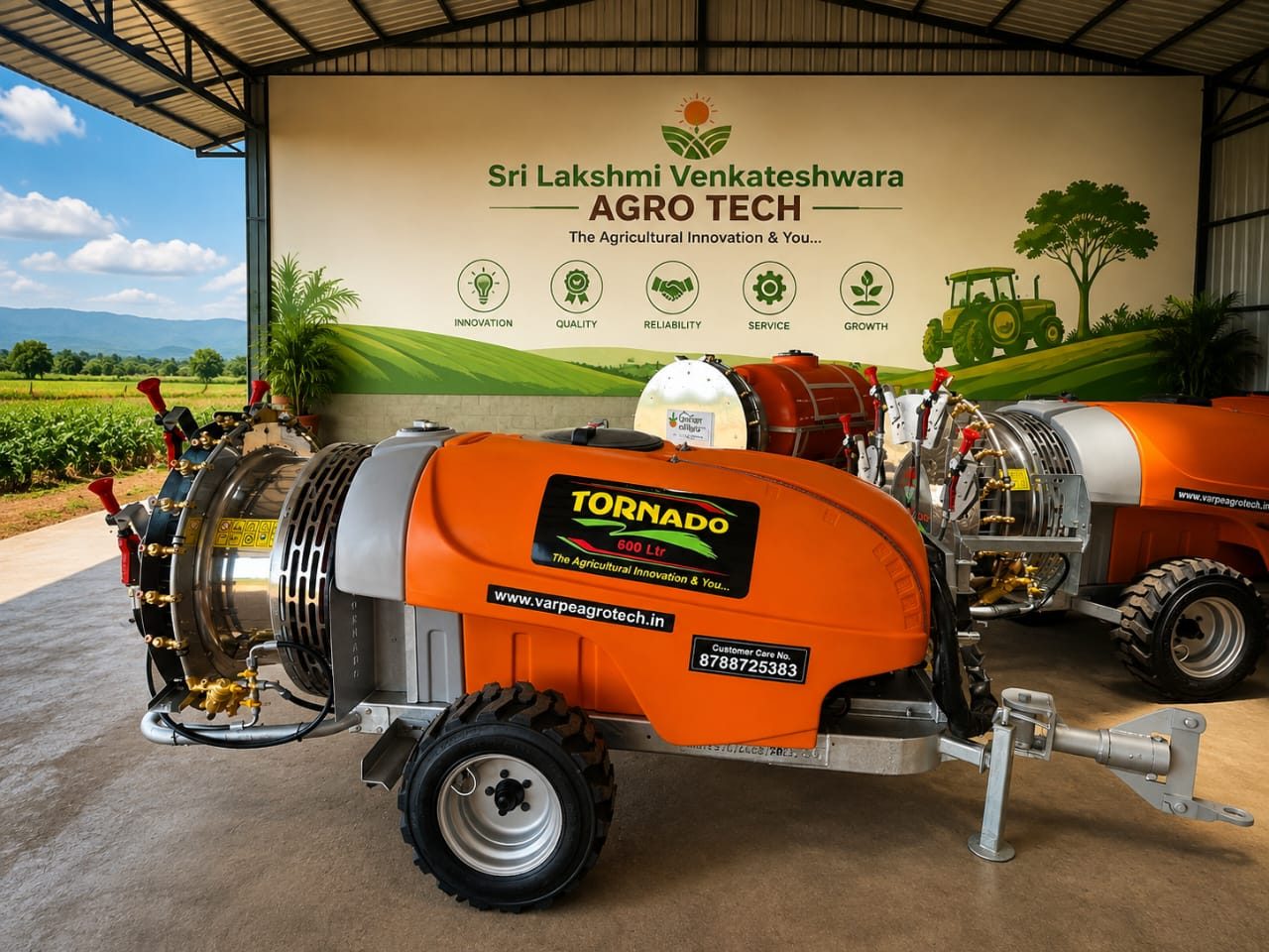Sri Lakshmi Venkateshwara Agro Tech showroom with orange Tornado air blast sprayers