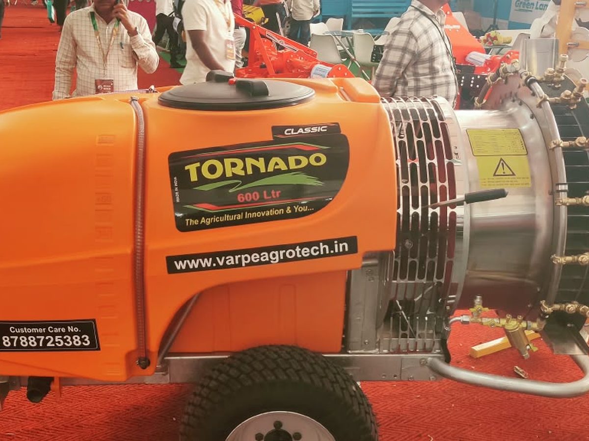 Tornado Classic 600 Ltr air blast sprayer displayed at an agricultural exhibition