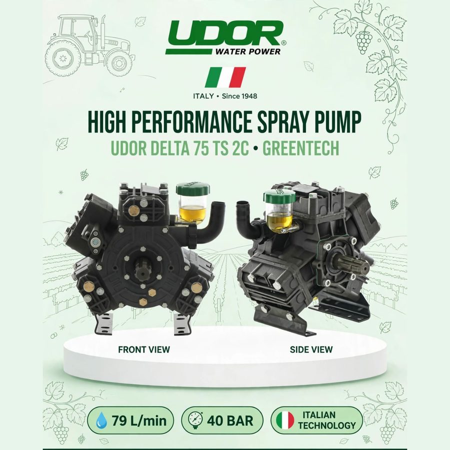 UDOR Delta 75 TS 2C Greentech spray pump, front and side view